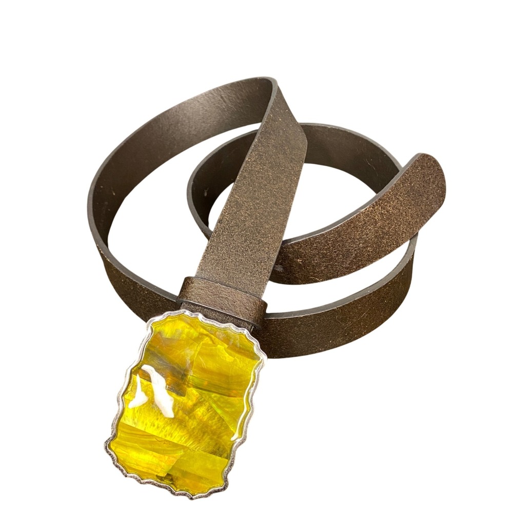 J. Jill Unique Statement Belt Brown Med Leather Abalone Shell Buckle Western